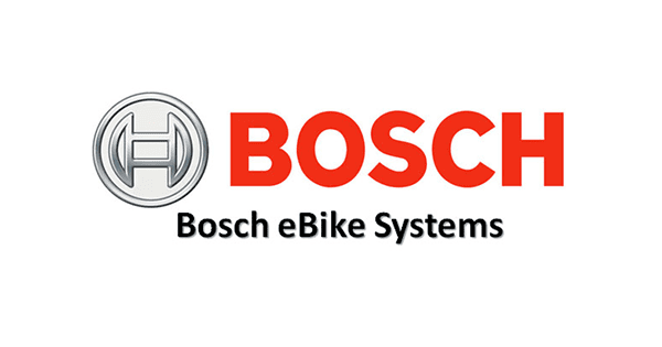 Bosch-Logo, schwarzer Text "Bosch eBike Systems" unter rotem "BOSCH", silbernes Emblem links.