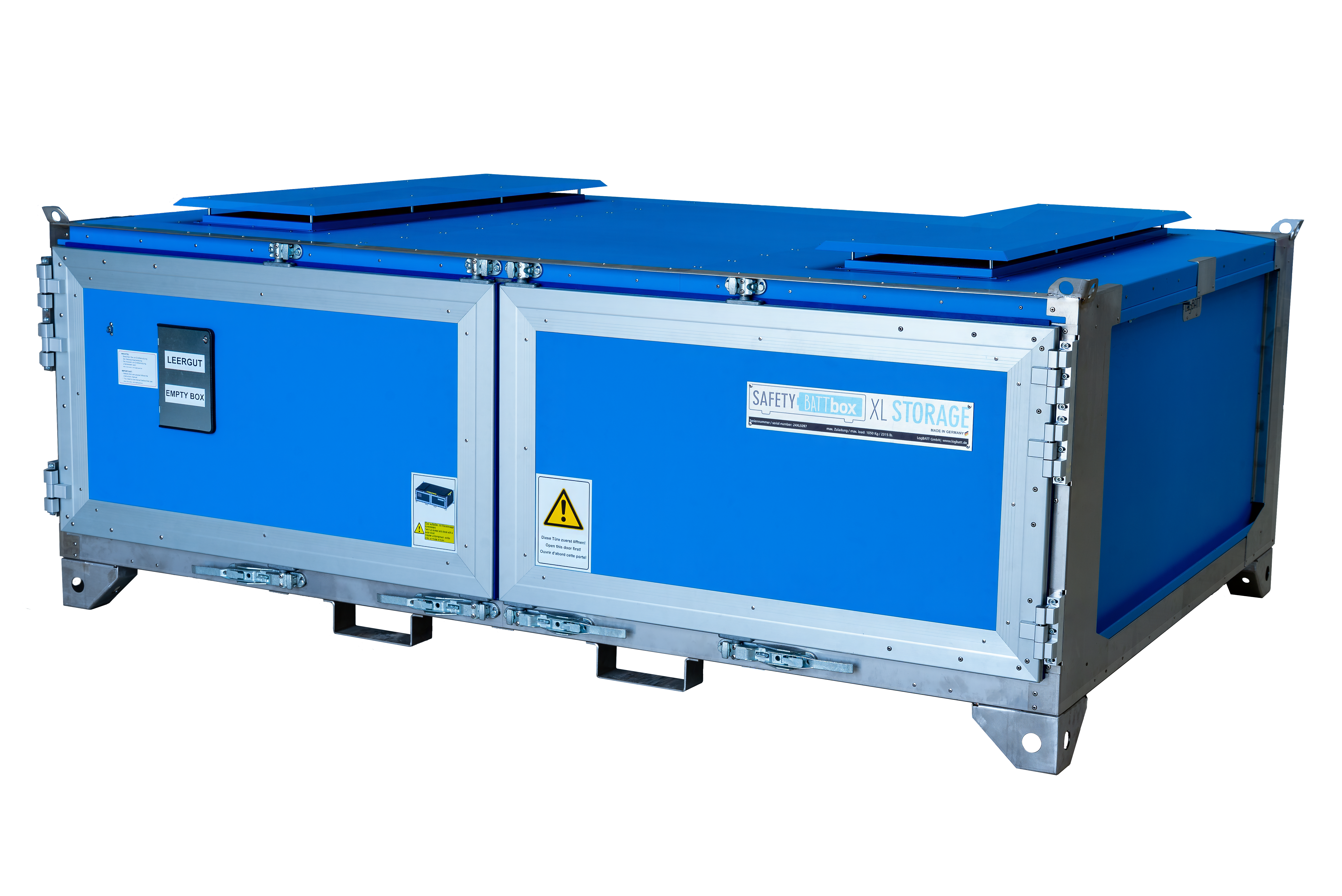 Blauwe metalen transportkist met zilveren frame en waarschuwingsstickers